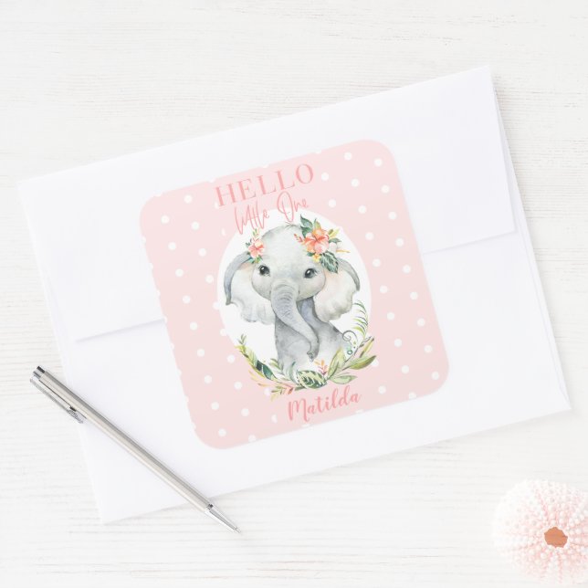 Hello little one elephant baby shower square sticker (Envelope)