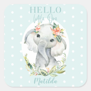 Hello little one elephant baby shower square sticker