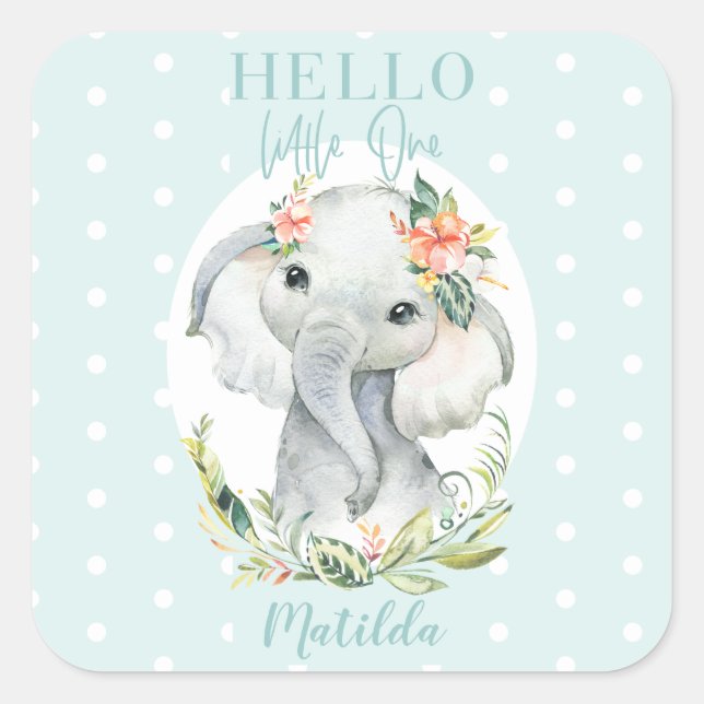 Hello little one elephant baby shower square sticker (Front)