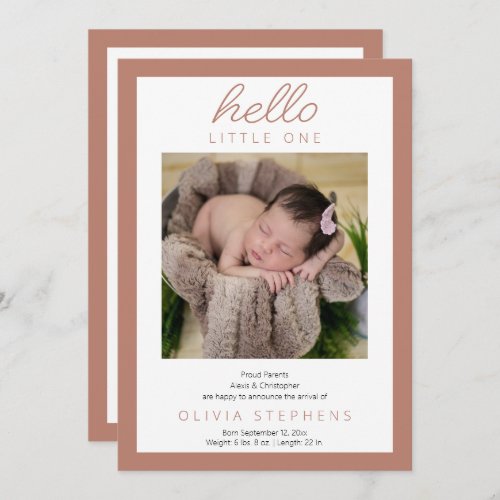 Hello Little One Photo Baby Girl Terracotta Birth Announcement