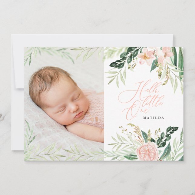 Hello little one pink floral photo announcement (Front)