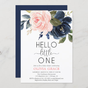 Hello little one pink navy blue girl baby shower invitation