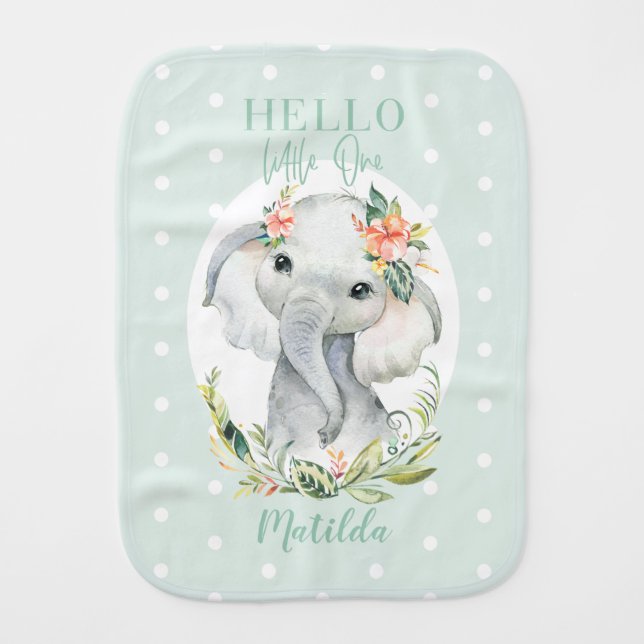 Hello little one watercolor elephant baby burp cloth (Front)