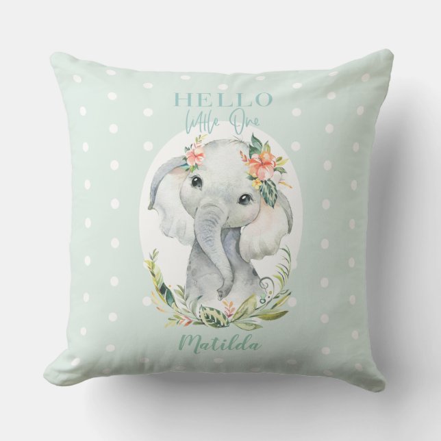 Hello little one watercolor elephant throw pillow (Front)