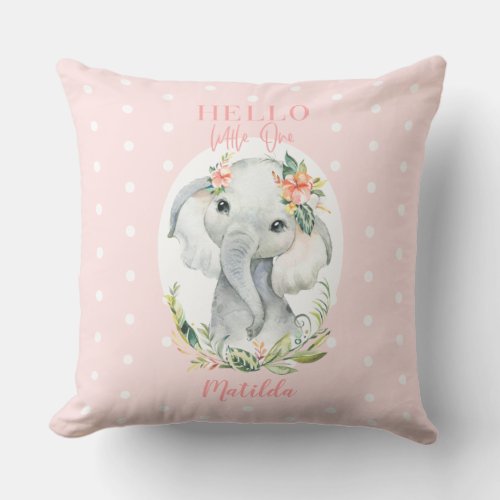 Hello little one watercolor elephant throw pillow