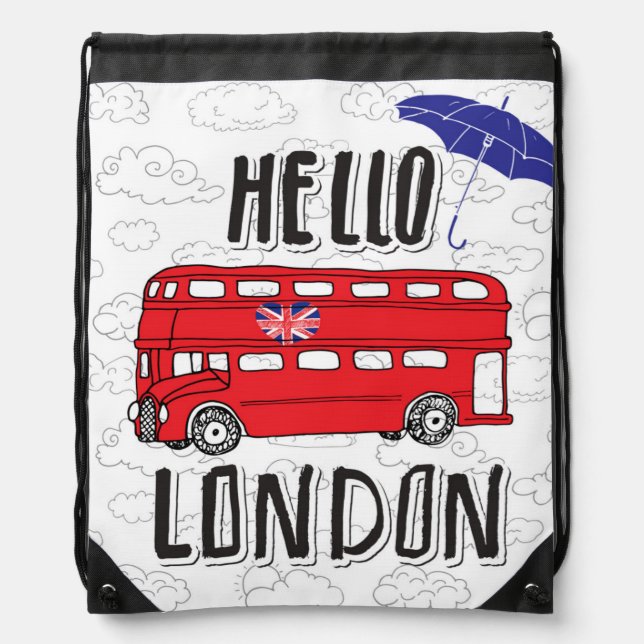 Hello London | Hand Lettered Sign With Umbrella Drawstring Bag (Front)