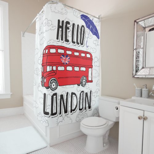 Hello London  Hand Lettered Sign With Umbrella Shower Curtain