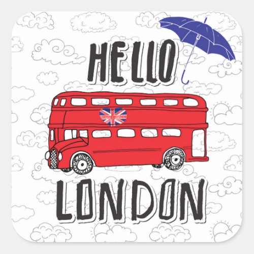 Hello London  Hand Lettered Sign With Umbrella Square Sticker