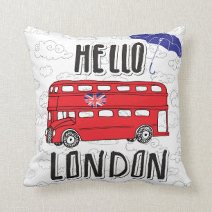 Hello London   Hand Lettered Sign With Umbrella Throw Pillow