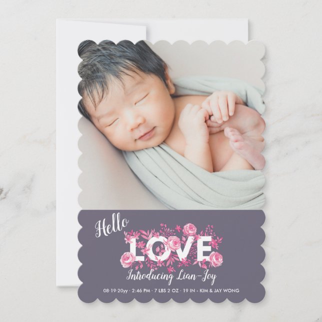 Hello Love Floral Photo Birth Announcement (Front)