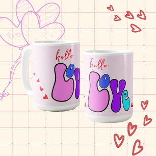 "Hello Love" Retro 70's style font Red hearts Coffee Mug