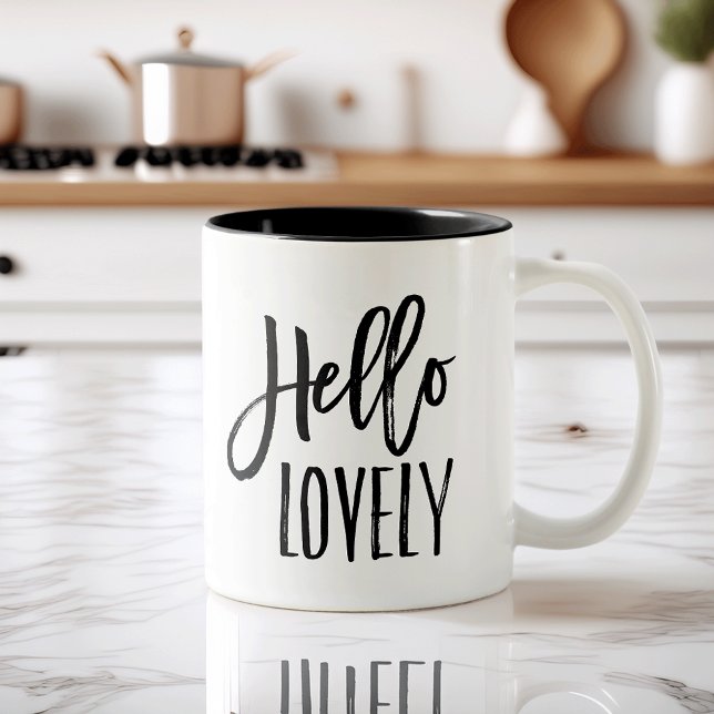 Hello Lovely | Chic Brush Lettered Typography Two-Tone Coffee Mug (Creator Uploaded)