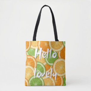 'Hello Lovely' Zesty Citrus Fruit Pattern Shoulder Tote Bag