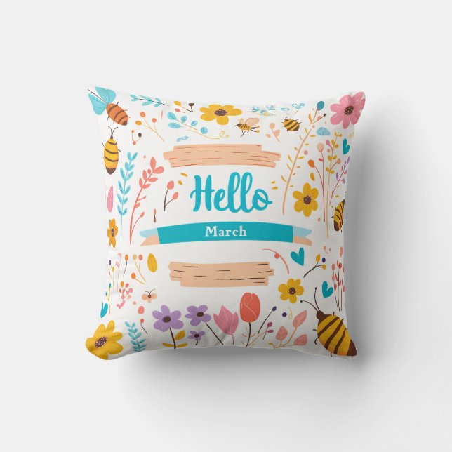 Hello March Floral Design for Spring Throw Pillow (Front)