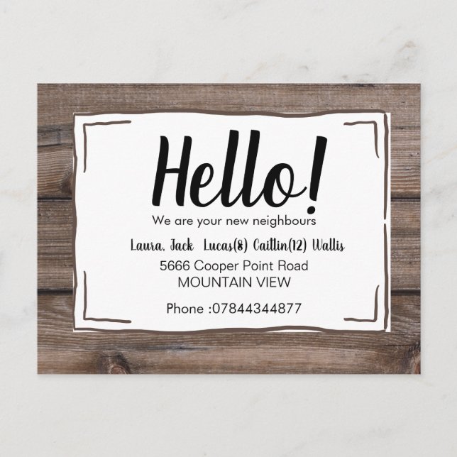 Hello meet the neighbours wood rustic postcard (Front)