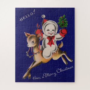Hello! Merry Christmas snowman on reindeer Jigsaw Puzzle