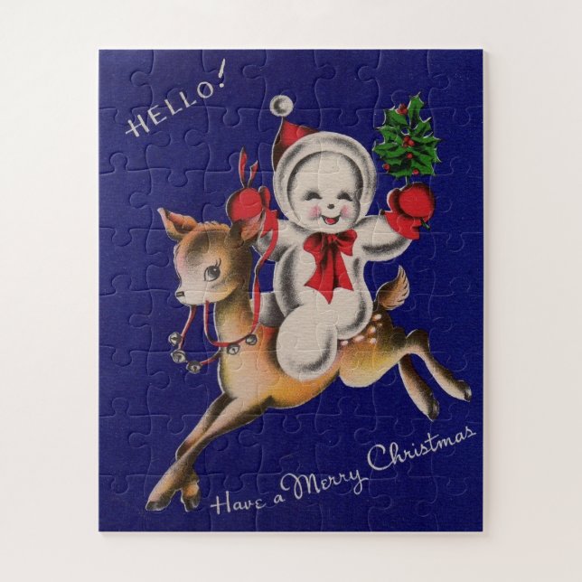 Hello! Merry Christmas snowman on reindeer Jigsaw Puzzle (Vertical)