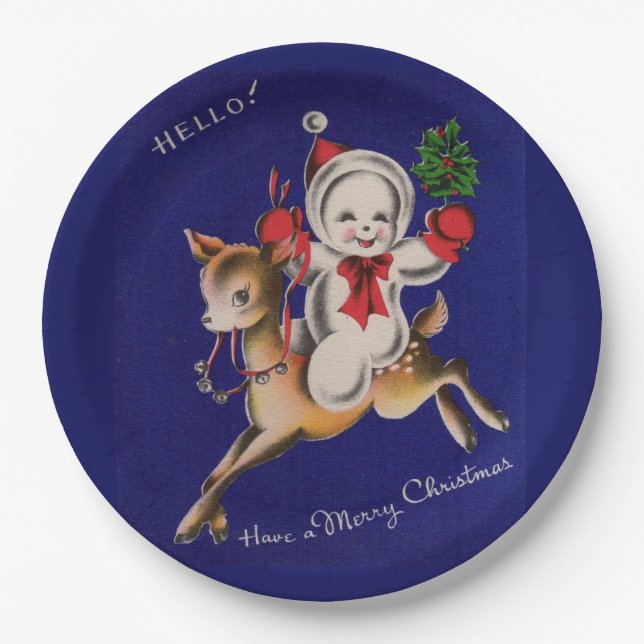 Hello! Merry Christmas snowman on reindeer Paper Plates (Front)