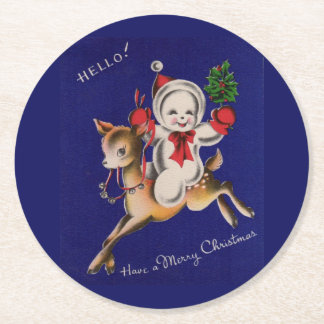 Hello! Merry Christmas snowman on reindeer Round Paper Coaster