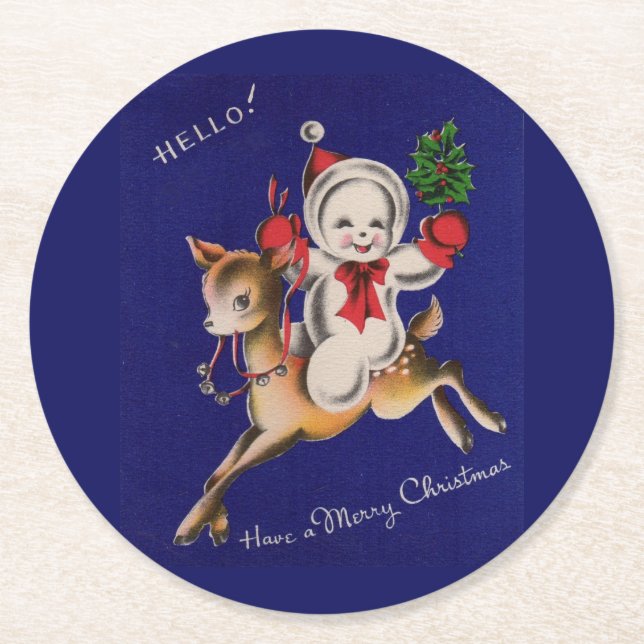 Hello! Merry Christmas snowman on reindeer Round Paper Coaster (Front)