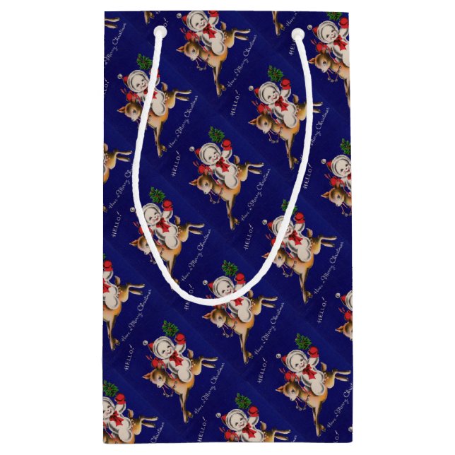 Hello! Merry Christmas snowman on reindeer Small Gift Bag (Back)