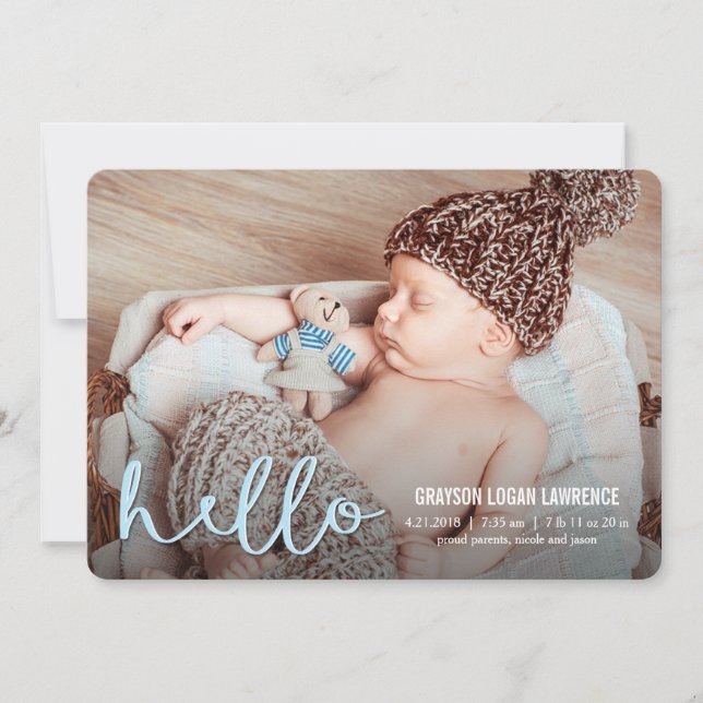 HELLO Modern Birth Announcements BLUE (Front)