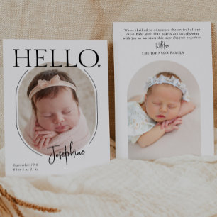 Hello   Modern Minimalist Baby Oval Photo Birth Announcement