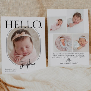 Hello Modern Minimalist Baby Oval Photo Birth Announcement