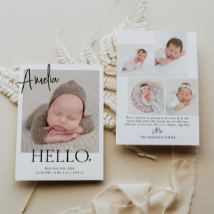 Hello Modern Minimalist Simple Baby Photo Birth Announcement