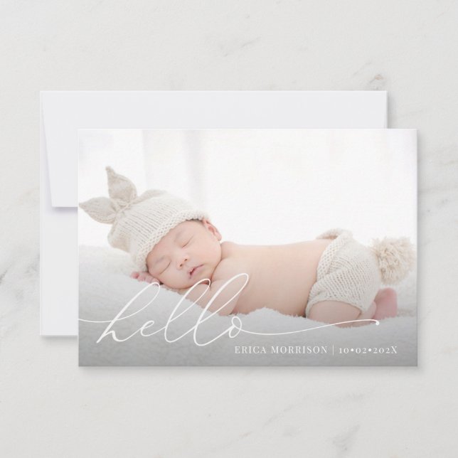 hello modern script birth announcement postcard (Front)