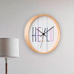 Hello modern striped colorful typography round clock<br><div class="desc">Trendy modern navy,  orange,  lilac,  purple and white HELLO typography wall clock with colorful vertical stripes.</div>