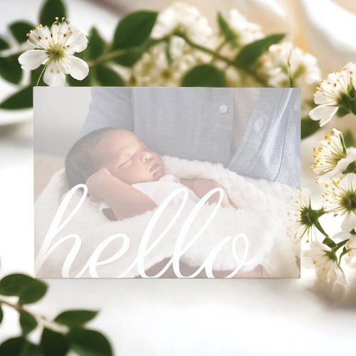 Hello Modern White Script Overlay Baby Photo Announcement