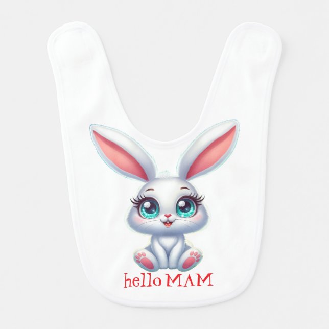 Hello Mom Baby Bib – Cute Bunny Design (Front)