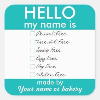 Hello My Name Is Allergy Free Baking Bake Sale Square Sticker by LilAllergyAdvocates at Zazzle