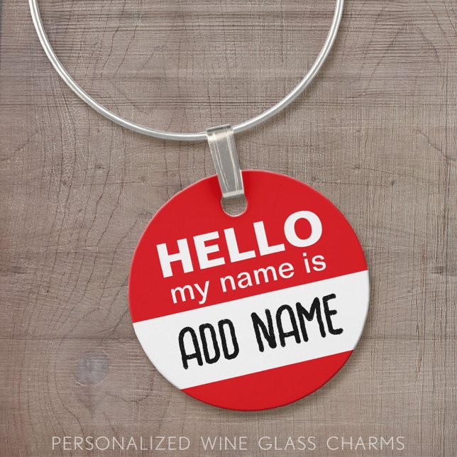 Hello my name is - Classic Red White Label Design Wine Charm (Custom Wine Glass Charm)