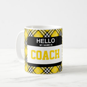 Hello My Name is COACH Name Tag Black Gold Plaid Coffee Mug