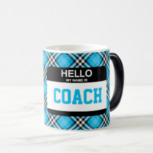 Hello My Name Is COACH Nametag Sports Blue Plaid Color Morph Mug