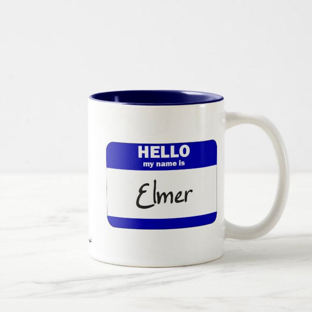 Hello My Name Is Elmer (Blue) Two-Tone Coffee Mug (Right)