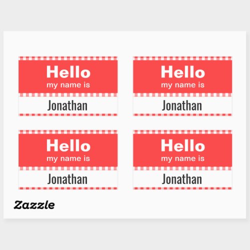 Hello My Name Is _ gingham red and white  Rectangular Sticker