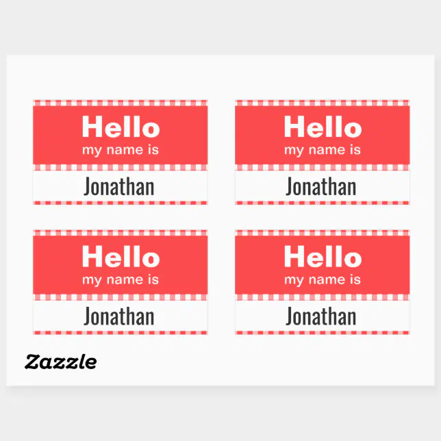Hello My Name Is - gingham red and white Rectangular Sticker | Zazzle