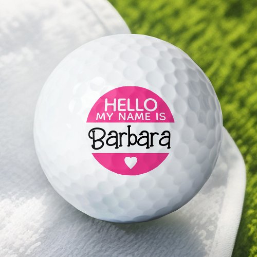 Hello my name is _ Hot Pink _ Custom Cute Name Golf Balls