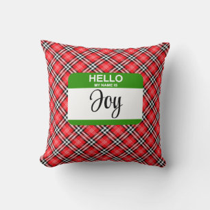 Hello My Name Is JOY Tag Christmas Plaid Holiday Throw Pillow