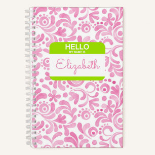 Hello My Name Is NAME Tag Pink White Green Preppy Notebook