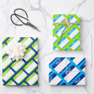 Hello My Name Is Nametags Gift Wrap Blue Green Fun