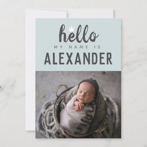 Hello My Name Is Photo Collage Blue Crown BIrth Announcement