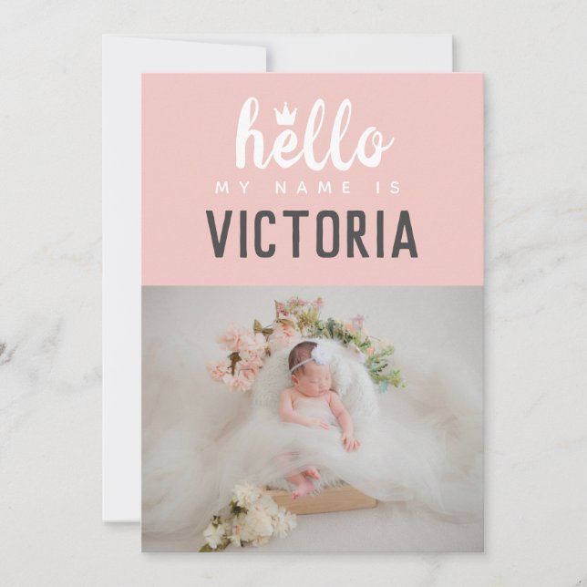 Hello My Name Is Photo Collage Pink Crown Birth Announcement (Front)