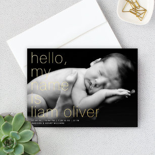 Hello My Name Is __ Photo FOIL Birth Announcement 