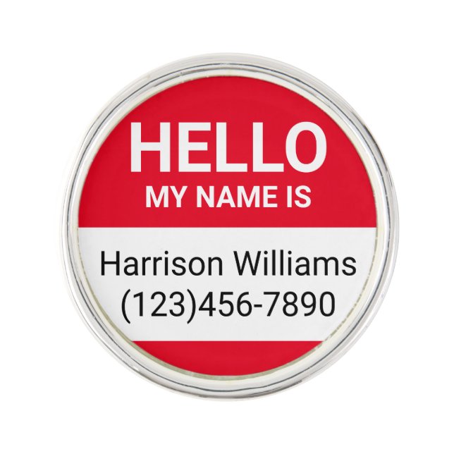 Hello my name is red custom name contact id badge lapel pin (Front)