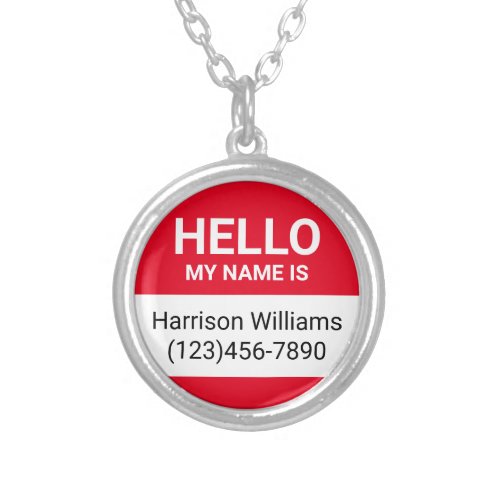 Hello my name is red custom name contact id badge silver plated necklace