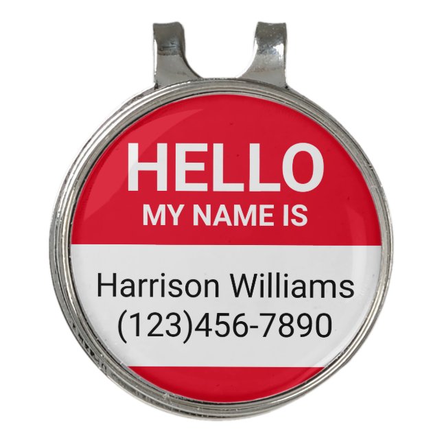 Hello my name is red custom name contact info golf hat clip (Front)
